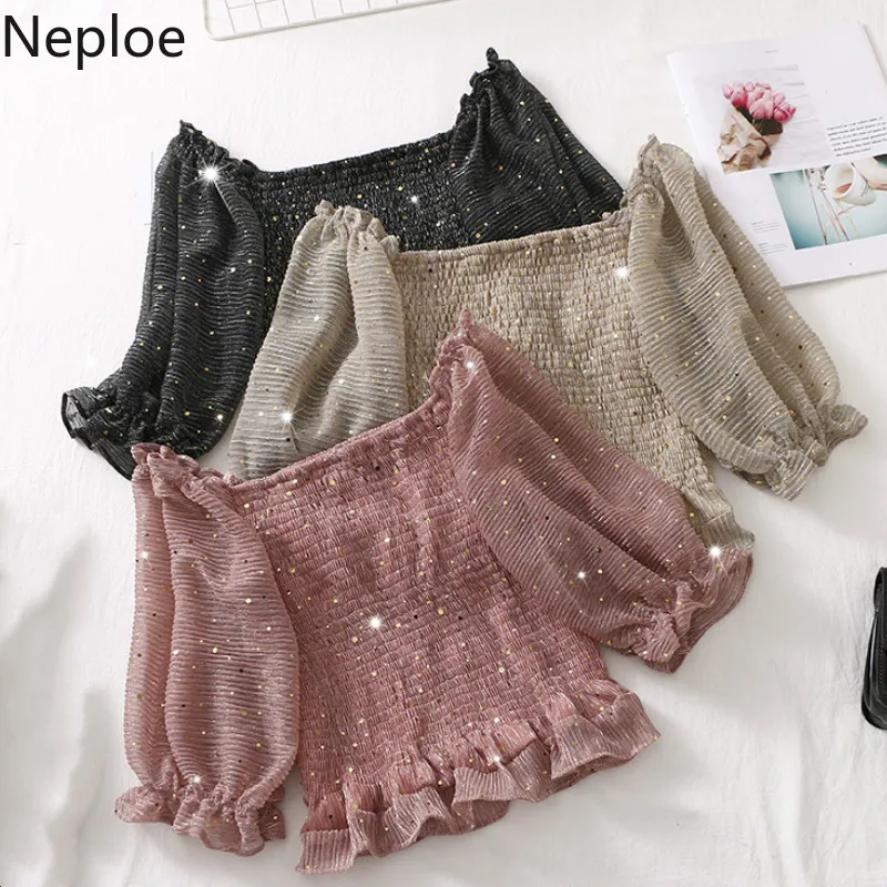 Neploe Sequined Women Tops Summer 2019 Fashion Slash Neck Lantern Sleeve Blouse Slim Waist Ruffles Ladies Blusa 44158 |