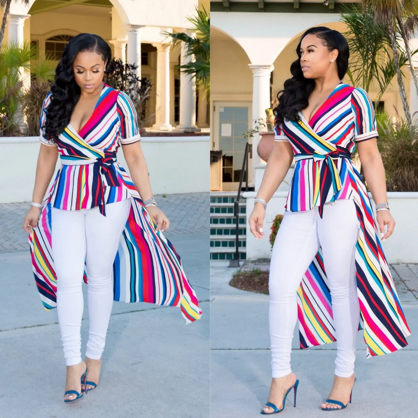 

2019 New Women Summer Notched V-Neck Short Sleeve Striped Printed With Belts High Low Irregular Maxi Blouse Shirt Dress YM8387