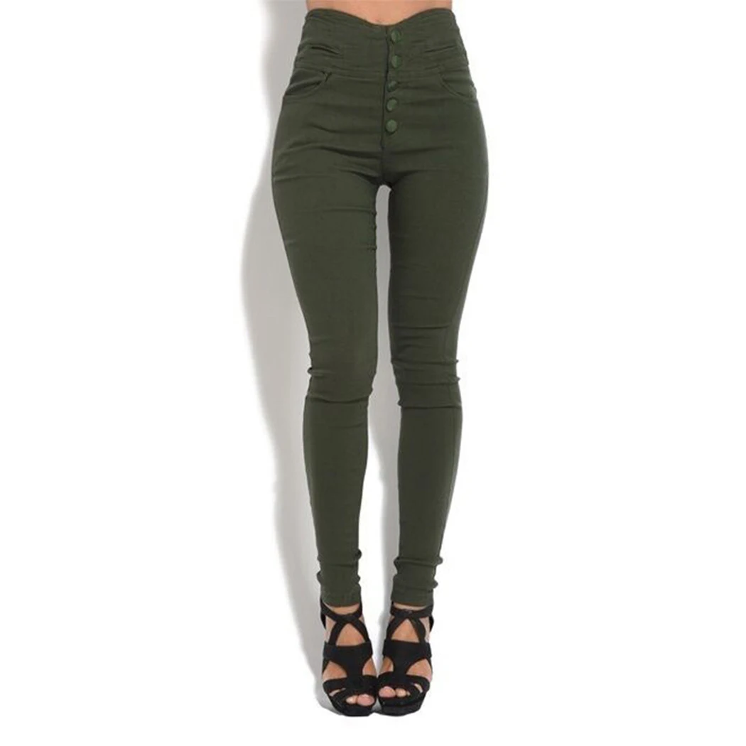 Для женщин пикантные стрейч узкие брюки-карандаш Высокая талия дамы плюс Размеры кнопка брюки 3XL Армейский зеленый черный Панталон Femme