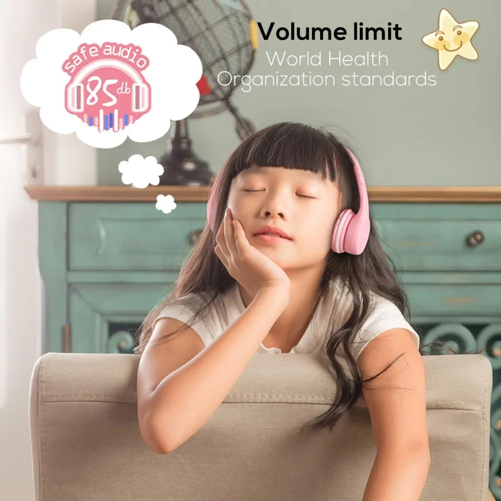 Pincun E2 Portable Wireless bluetooth Kids Headphone Foldable Children Child Safely Over Ear Earphone Headset with Mic For Gir