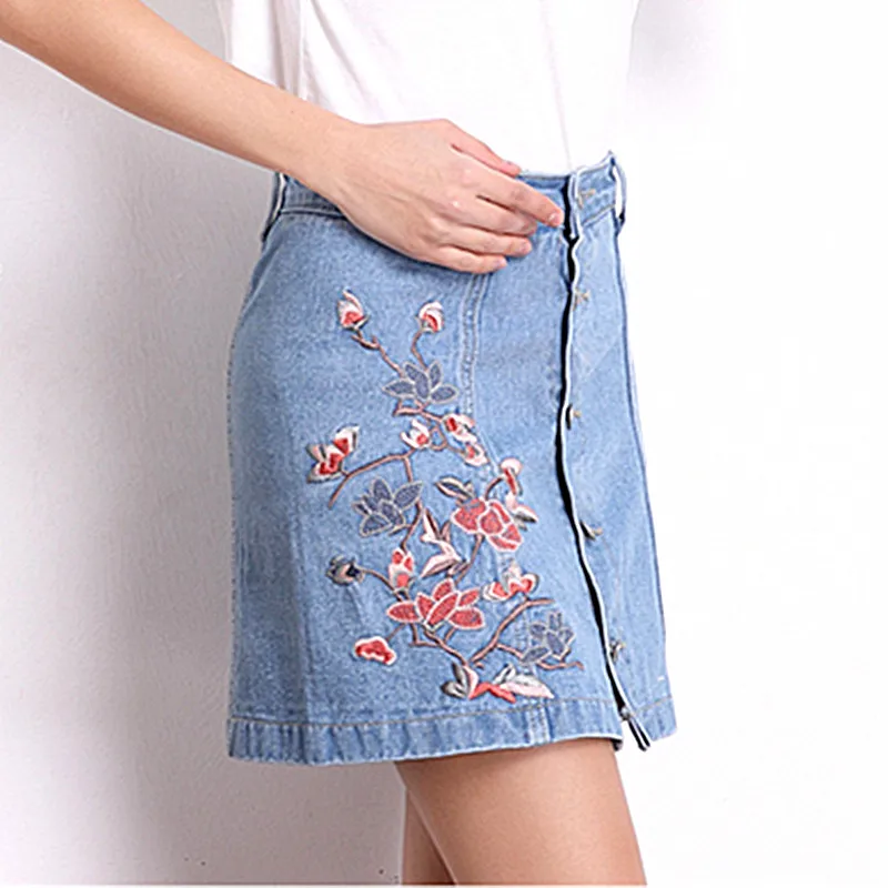 Женские стильные вышитые цветы на джинсовой ткани пуговицы для юбки faldas mujer Европейский стиль женские модные трапециевидные юбки