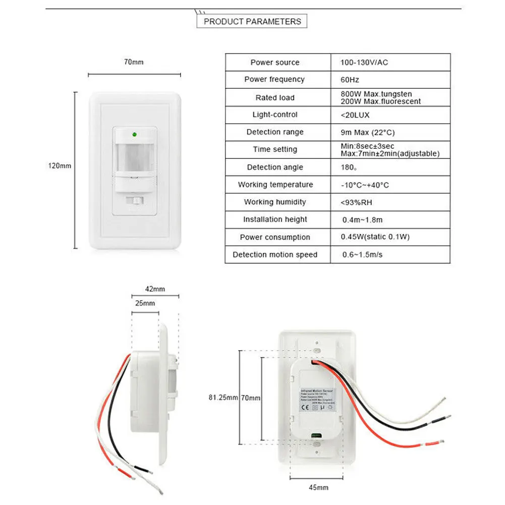 wireless wall lights AC 110V PIR Motion Sensor Light Switch Detector Infrared Wall Occupancy White US plug in wall lamp