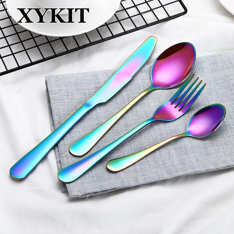 XYKIT 4 8 16 24 шт Набор радужных обедов набор свадебных дорожных столовых приборов 18/10