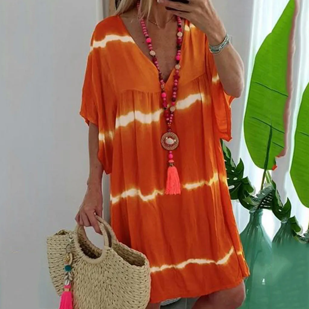 

Women's Plus Size V-neck Casual Loose Pullover Tie Dye Print Mini Dresses Fashion Boho Style Printed Chic Dresses Vestidos