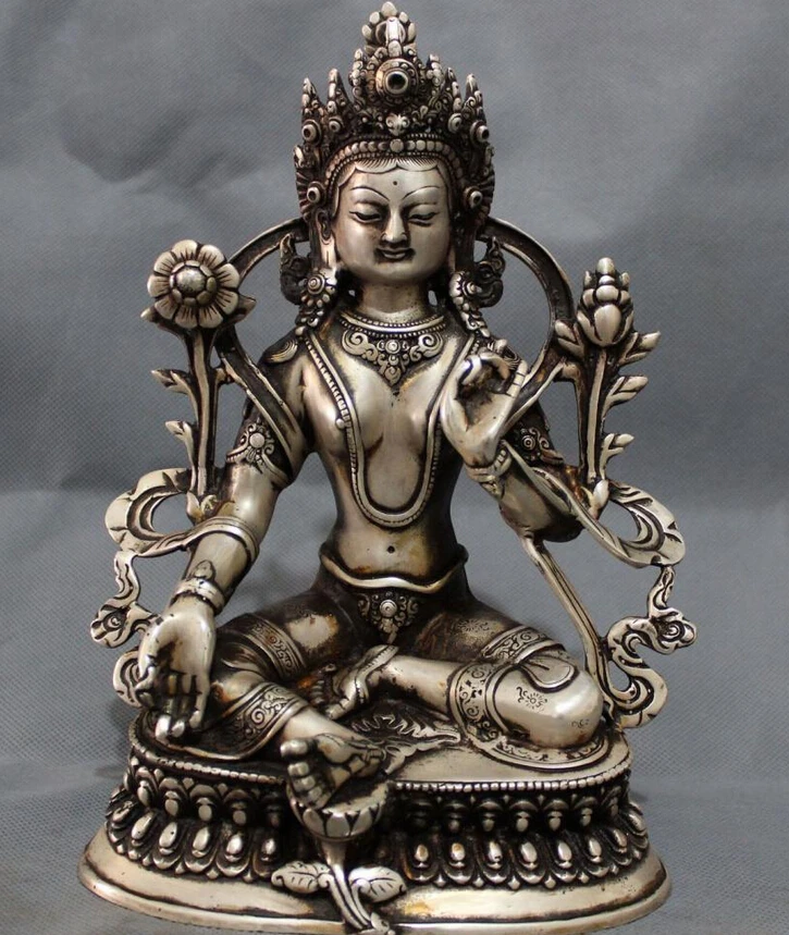 

S4142 9" Tibet Silver Buddhism Lotus Green Tara Goddess Statue Brass Protect Joss Set D0317