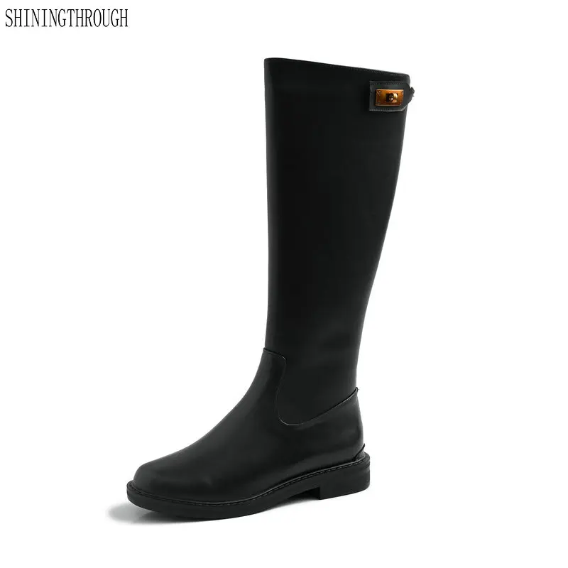 

Women Genuine Leather Knee High Boots Autumn Winter Back Zipper Shoes Woman 2019 New Fashion Motorcycle Riding Boots