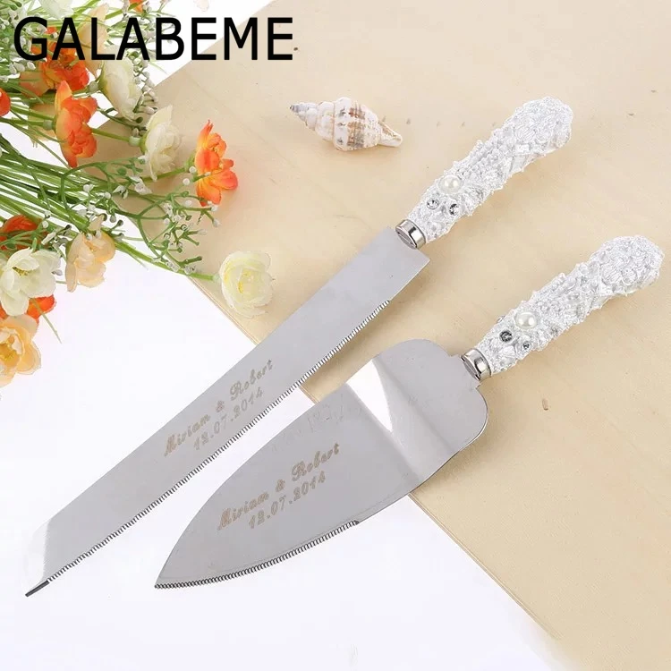 

Personalized name and date Wedding Heart Pearl Resin Cake Knife Serving Set Birthday Gift Party favor wedding Decoration