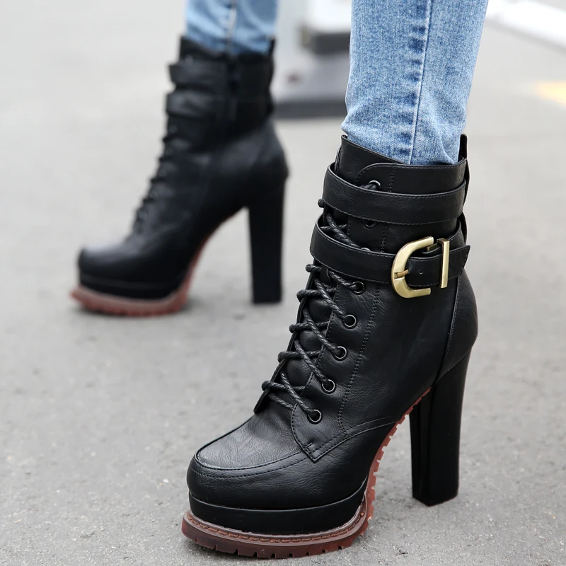 

Winter Boot Shoe Women Ankle Pu Leather Round Toe Lace-up Platform High Heel Block Zipper Square Heel Thick Bottom Lady Footwear