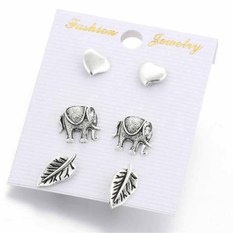 Verano Estilo Vintage brincos pendiente del prisionero del elefante 3 Boho anticuario plata color corazón Pendientes conjunto para joyería de las mujeres|earrings set|elephant stud earringsstud earrings - AliExpress