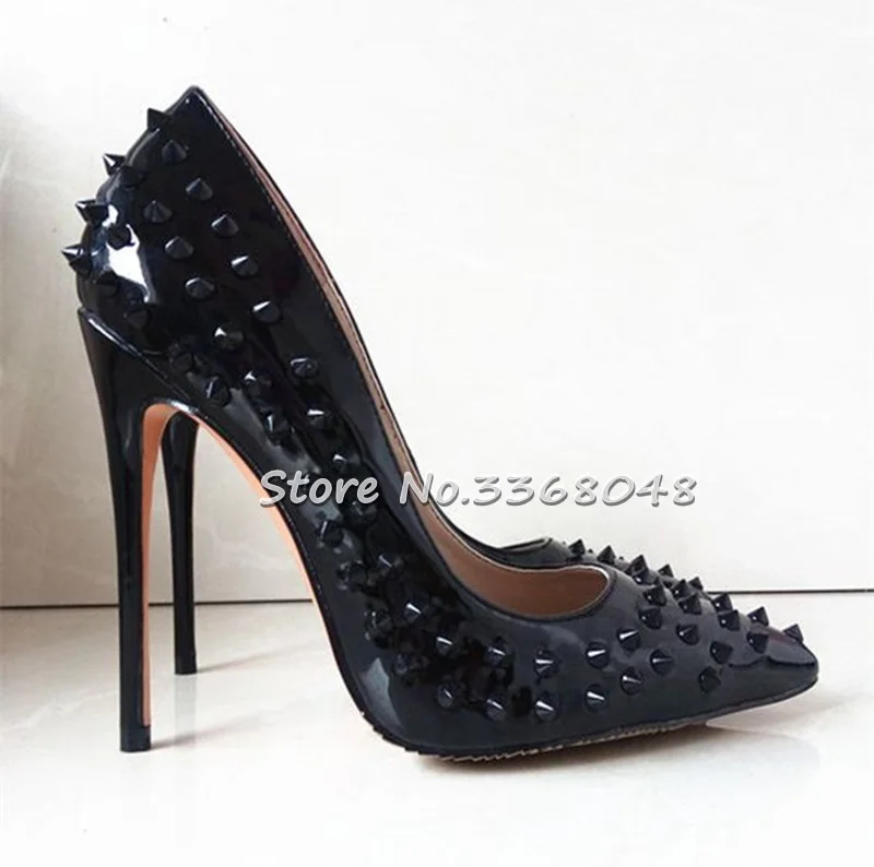 2018-Newest-Full-Rivets-Women-Black-Patent-Leather-Pumps-Sexy-Pointy-Toe-Ladies-12CM-High-Heels