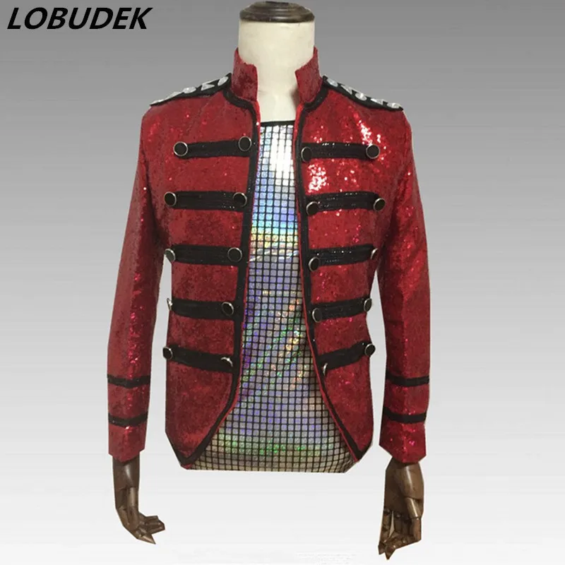 

Latest Men Red Mirrors Sequins Jacket Blazers Double-breasted Slim Jackets Coat England Style Singer Stage Concert DS Costume