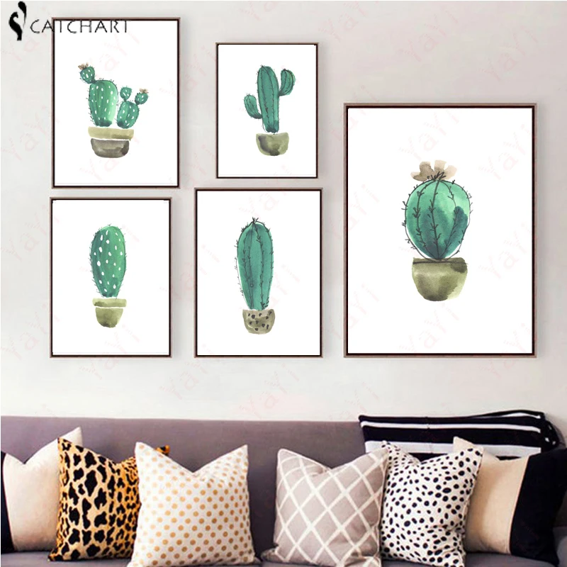 

2017 New Nordic Deep Green Watercolor cartoon cactus Canvas Art Print Poster Wall Pictures for Home Decoration posters