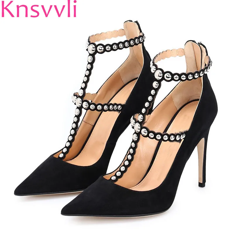 

Spring New Style Riveting Lady Shoes Ankle T Strap Pointed Toe after zipper Shallow Mouth Thin High Heels Women Shoes Pumps