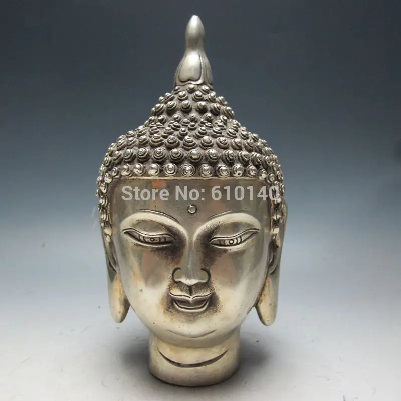 

Oriental Vintage Chinese Tibetan silver Handwork Carved Buddha Head Statue
