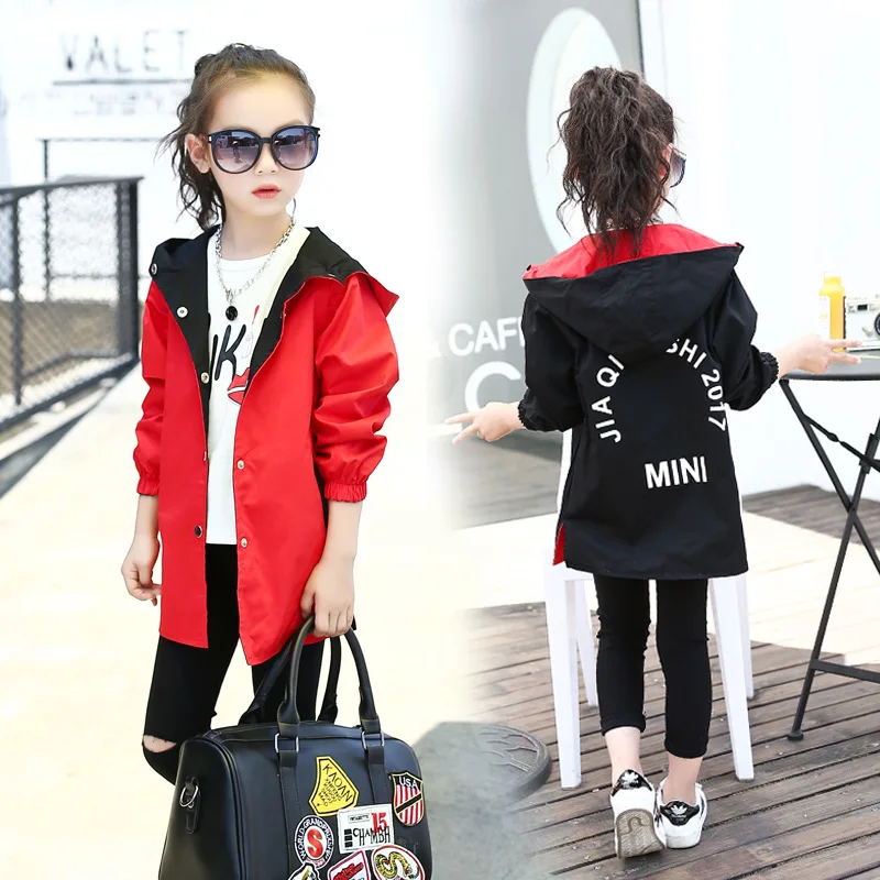 Двусторонняя куртка с капюшоном для девочек красное, черное прямое повседневное пальто для детей от 3 до 15 лет, весенне-осенняя одежда Casacos, Униформа, уличная одежда