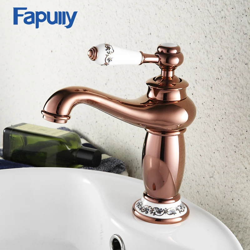 

Fapully Ceramic Decoration Bathroom Basin Sink Faucet Rose Gold Single Handle Aladdin Lamp Shape Single Hole Mixer Tap 566-11R