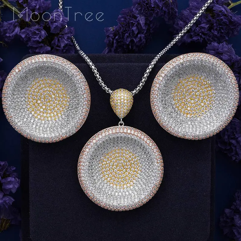 

MoonTree Luxury Round Geometry Flower Fashion AAA Cubic Zirconia 3Tone Silver Women Engagement Necklace Earring Jewelry Set