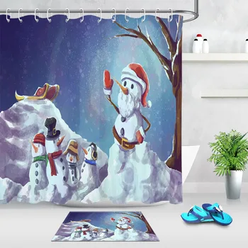 

Snowman & Santa Claus Shower Curtain Winter Scene Extra Long Waterproof Eco-Friendly Bathroom Polyester Fabric For Bathtub Decor