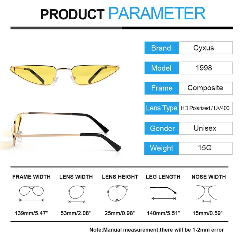 Cyxus Ретро Винтажные узкие кошачий глаз солнцезащитные очки для женщин очки металлическая рамка-1998