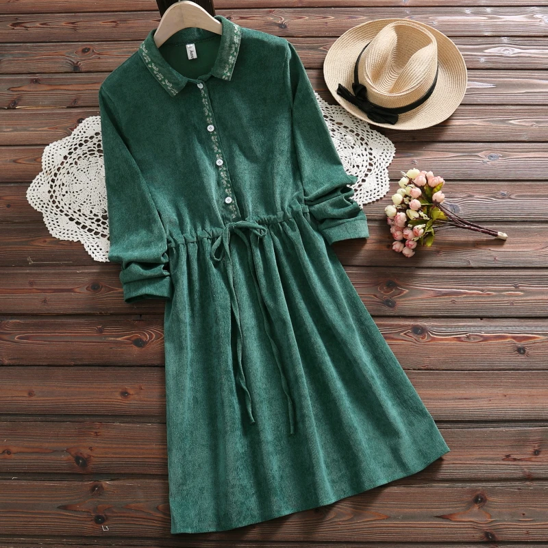 

Mori girl embroidered floral dress new spring fashion long sleeve green elegant lady vintage dress