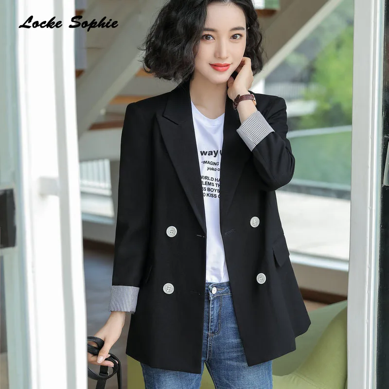 1pcs Women's Plus size Blazers coats 2019 Autumn cotton blend Double-breasted Small Suits jackets ladies Skinny Blazers Suits