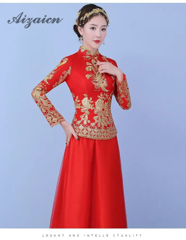 2019 nuevo rojo chino tradicional boda Vestido Qipao traje largo Rouge Vestidos de noche bordado Cheongsam Vestidos Chinoise