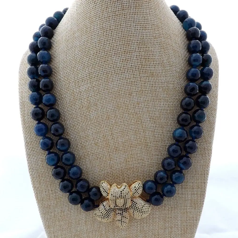 

K122907 21'' 2Strand Blue Gems Stone CZ Flower Necklace