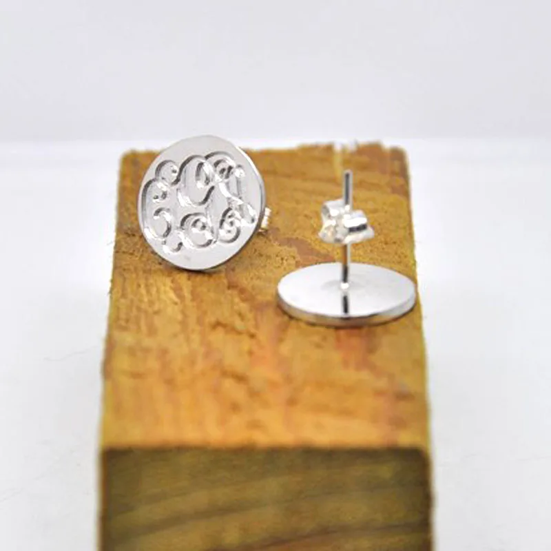 Wholesale Silver Monogram Stud Earring Personalized Initial Stamp Disc
