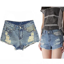 Женские джинсовые шорты с высокой талией, Ретро стиль, рваные шорты с заклепками, женские укороченные короткие джинсовые шорты, высокая талия, женские бермуды#160403