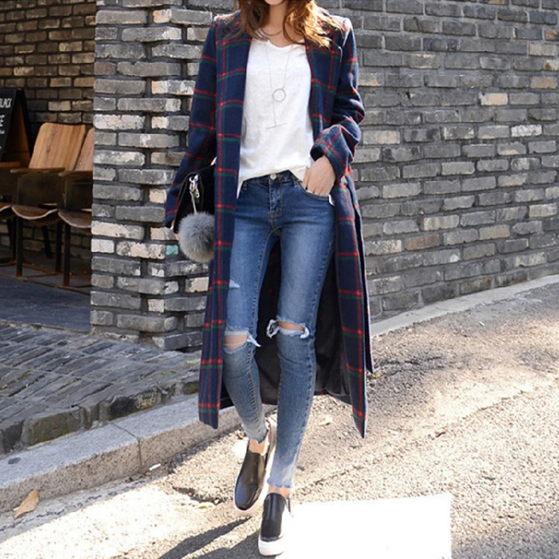 

2019 Winter Women's Wool Plaid Coat New Fashion Long Woolen Coat Slim Type Female Winter Wool Jackets Female Outw