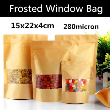 

New 100pcs 16x26+4cm 280micron Kraft Paper Frosted Window Bag Food Packaging/Storage Bag Zip Bag