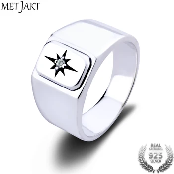 

MetJakt 925 Sterling Silver Glossy Ring & Hand Carve Sun Ray with Single Zircon Rings Suit Man and Women