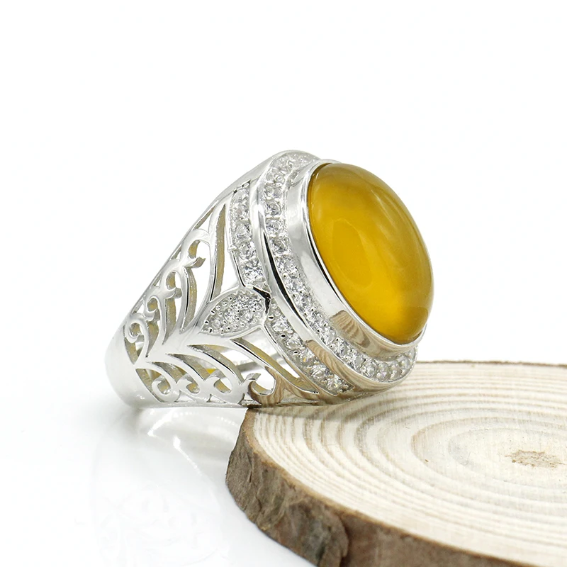 925 пробы Серебряное мужское кольцо с большим желтым натуральный камень оникс ажурный дизайн прозрачное CZ кольцо для мужчин и женщин модное ювелирное изделие