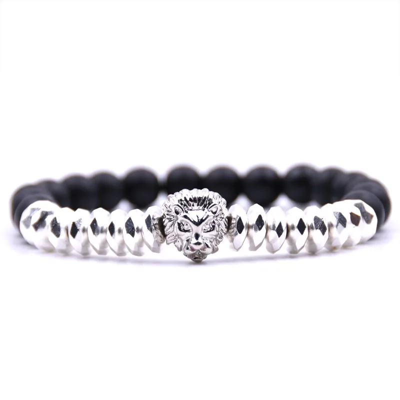 

KANGKANG hot Selling Matte Black Stone Bead Bracelet Lion head 8mm Elastic Rope Bead Bracelet Fashion Men Women charm Jewelry