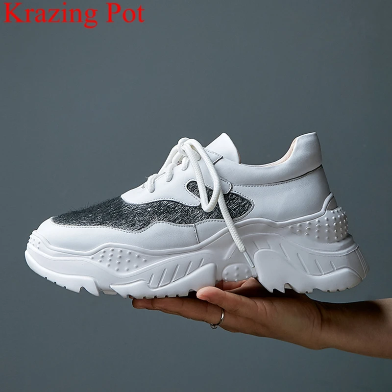 

handmade horsehair cow leather thick bottom lace up white sneaker round toe increasing casual brand wome vulcanized shoes L08