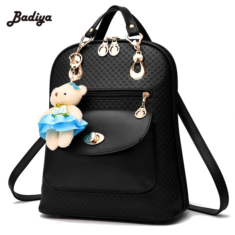 Solid Female Shoulder Bag Backpacks Korean Style Ladies Bakcpack With Bear Pendent Fashion Preppy School Bags