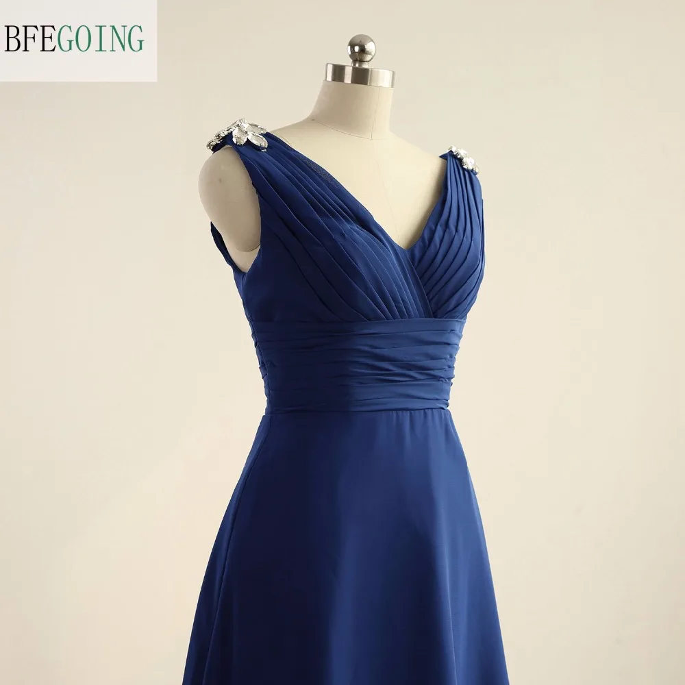 Синее шифоновое ТРАПЕЦИЕВИДНОЕ коктейльное платье длиной до колена с v-образным вырезом без рукавов со складками и кристаллами реальные/оригинальные фотографии на заказ