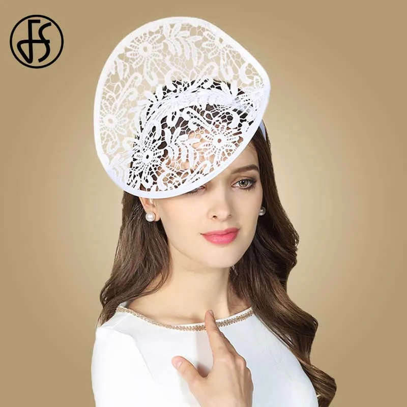 FS British Lady Hat White Church Wedding Fascinators Lace Floral Women