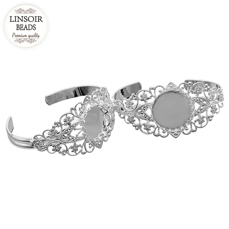 

Silver Color Copper Flower Lace Cuff Bangle Blank Base Fit 20/25mm Cabochon Settings Cameo Bezel Pad Diy Jewelry Making K0674