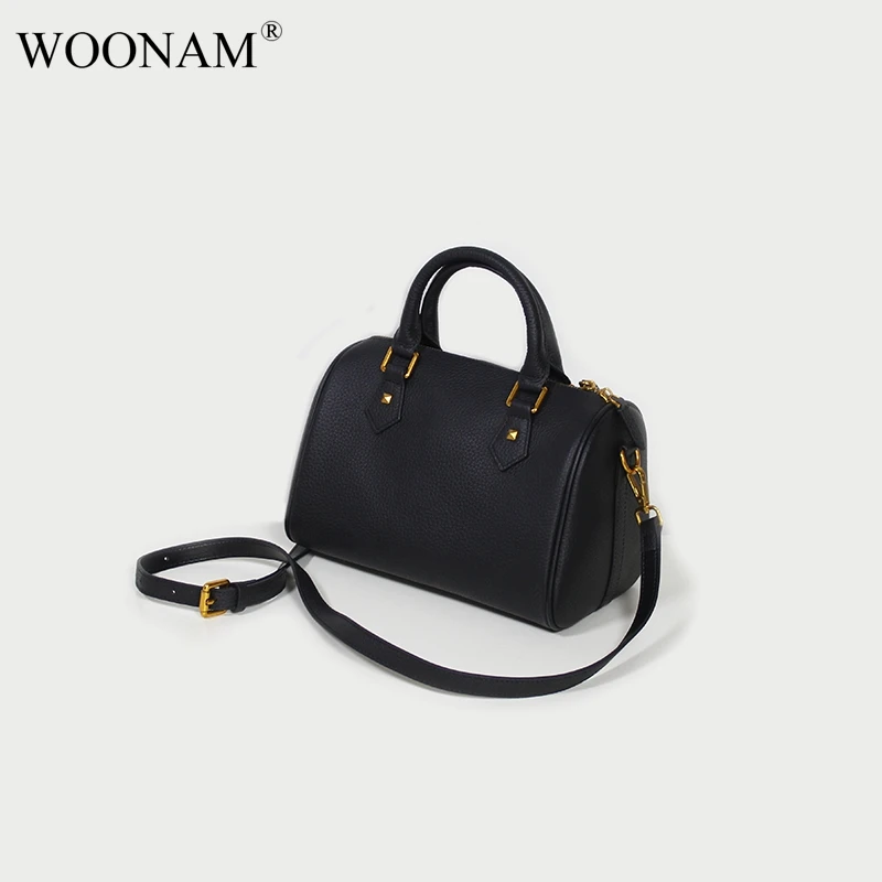 

WOONAM Women Classic Handbag Top Hide Genuine Italy Grained Calf Leather Medium Boston Top Handle Shoulder Cross Body Bag WB874