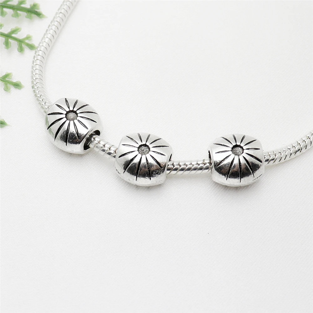 Vintage Silver Round Flower Big Hole Beads Fit Pandora Charms Diy European Bracelets Jewelry Making Handmade 40pcs/lot | Украшения и