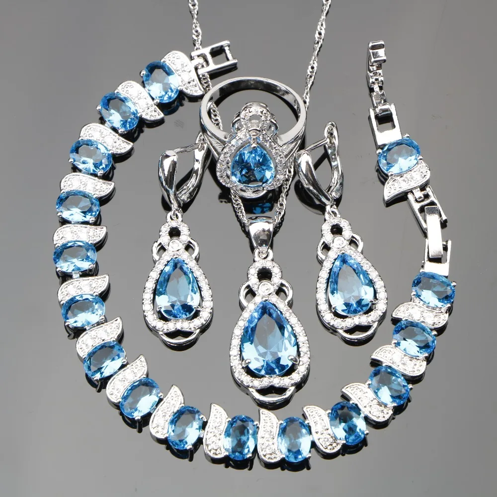 Classic Water Drop Jewelry Sets Silver Sky Blue Cubic Zirconia White