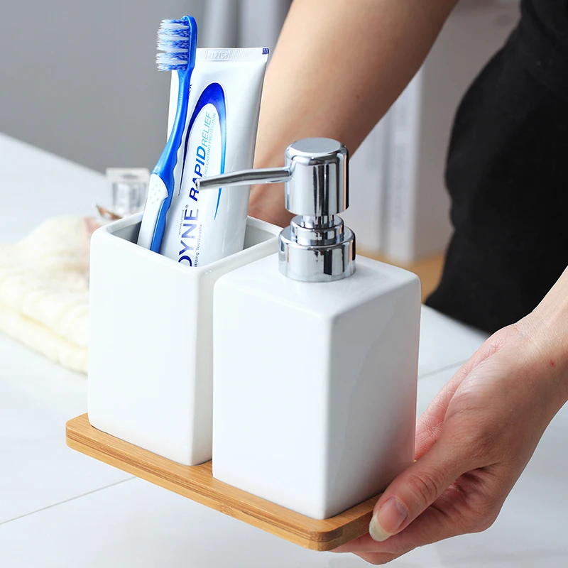 Ceramic Hand Sanitizer Bottle Pressing Shower Gel Bottle Toothbrush Cup Tumbler Set with Bamboo Tray Bathroom Accessories Ceramic Hand Sanitizer Bottle Pressing Shower Gel Bottle Toothbrush Cup Tumbler Set with Bamboo Tray Bathroom Accessories