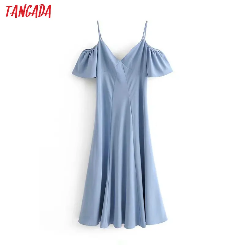 

Tangada korean women chic blue dress spaghetti strap shoulder off short sleeve V-neck ladies pleated dress vestidos 3A19
