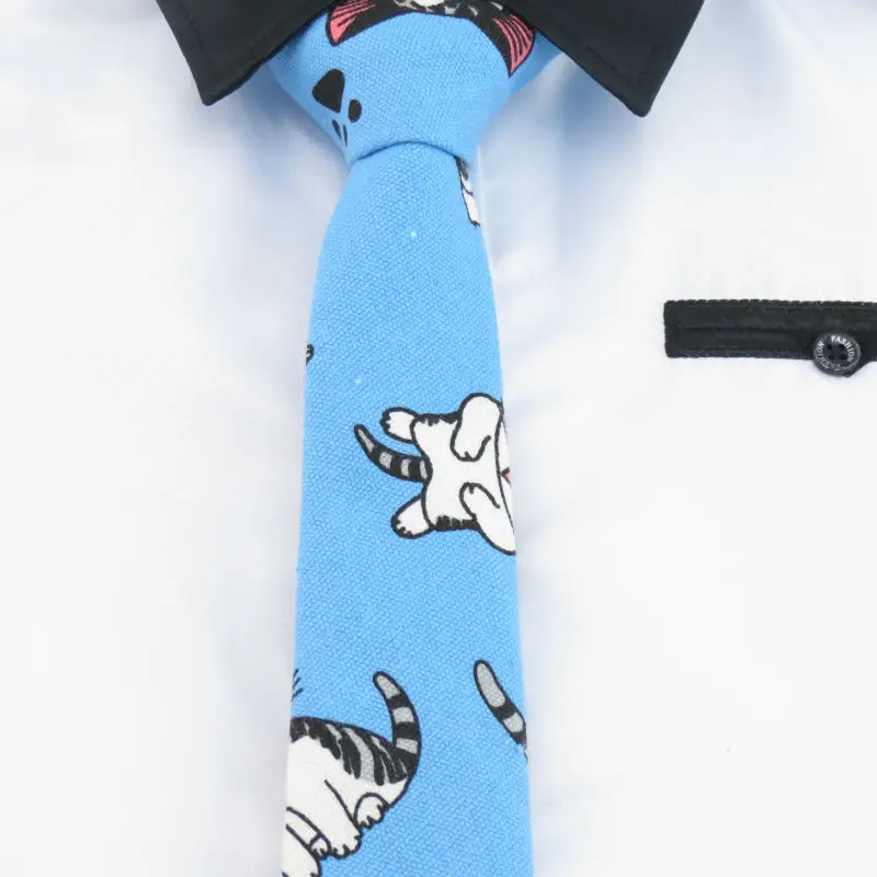 

Ties for men Cartoon necktie blue cravata Fashion Print cat tie canvas cotton narrow tie men's gift kitten gravata