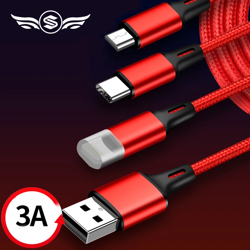 Качественная Быстрая зарядка 3 в 1 8Pin usb type C Micro USB кабель для iPhone 8X7 6 6S Plus samsung Nokia USB Кабели Шнур Универсальный