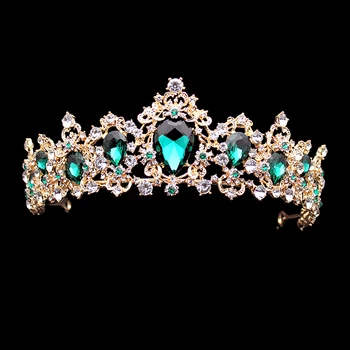 

Baroque Luxury Green Crystal Bridal Crown And Tiaras Rhinestone Vintage Gold Diadem Wedding Hair Accessories For Women