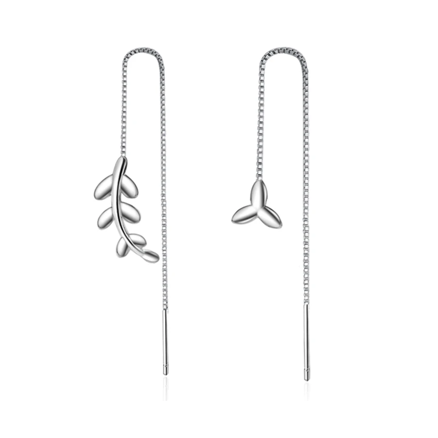 

925 Sterling Silver Leaves Earring Girl Cartoon Design Prevent Allergy Long Line Earring For Women Party Wedding Silver Jewelry