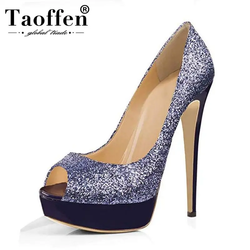 

Taoffen Size 35-45 Sexy Women High Heel Shoes Women Bling Peep Toe Platform Thin Heels Pumps Party Club Office Ladies Footwear
