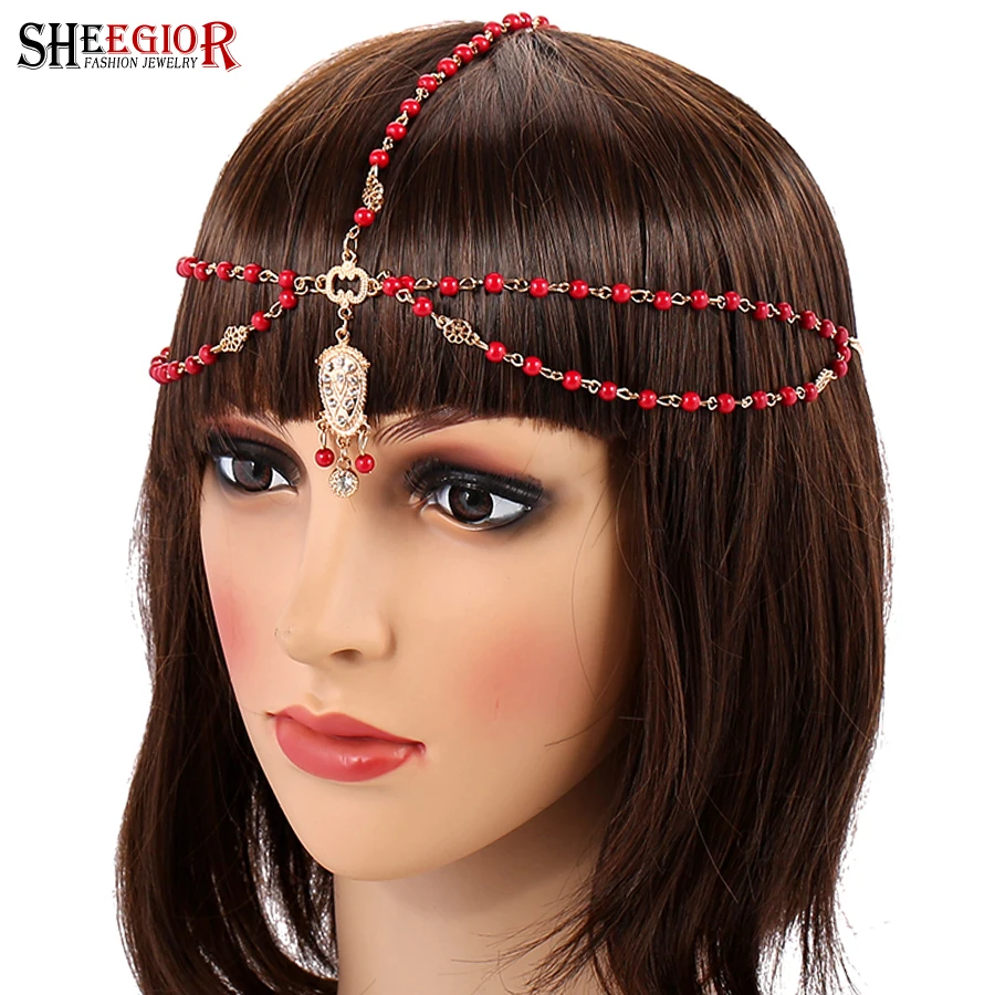 SHEEGIOR Romantic Lovely Red Beads HeadBand Hair Jewelry Gold Chain